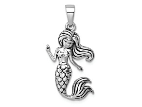 Rhodium Over Sterling Silver Antiqued Mermaid Pendant
