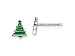 Rhodium Over Sterling Silver Enamel Christmas Tree Post Earrings
