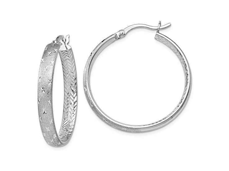 Rhodium Over Sterling Silver 1 1/4" Diamond-Cut Brushed In and Out Hoop Earrings