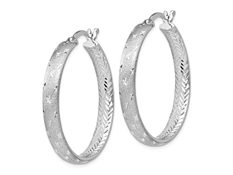Rhodium Over Sterling Silver 1 1/4" Diamond-Cut Brushed In and Out Hoop Earrings
