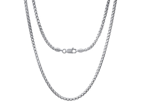 Rhodium Over Sterling Silver Unisex 24 Inch Box Link Chain