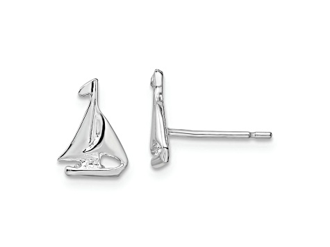 Rhodium Over Sterling Silver Polished Mini Sailboat Post Earrings