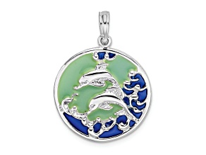 Rhodium Over Sterling Silver Polished Enameled Dolphins Pendant