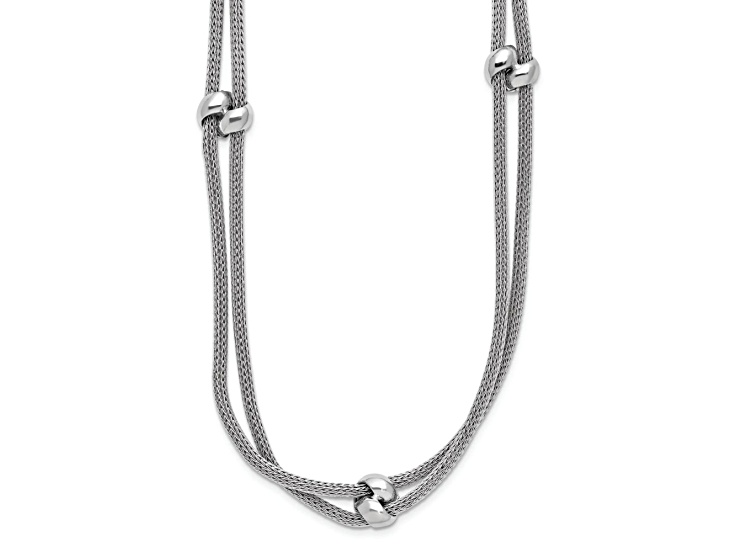 Rhodium Over Sterling Silver Polished and Textured 2-strand Bead Station 17 Inch Necklace