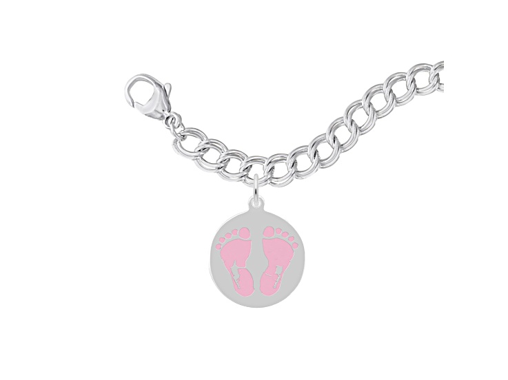 Rhodium Over Sterling Silver Painted Baby Feet Disc Bracelet Set Pink Measures 7inch