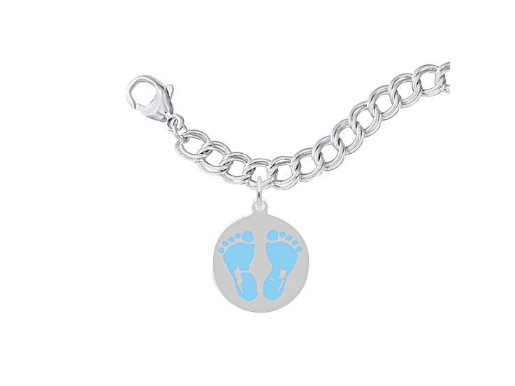 Rhodium Over Sterling Silver Painted Baby Feet Disc Bracelet Set Blue Measures 7inch