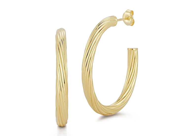 Sterling Statements 14K Yellow Gold Over Sterling Silver Oval Ribbed Twist J Hoop Earrings