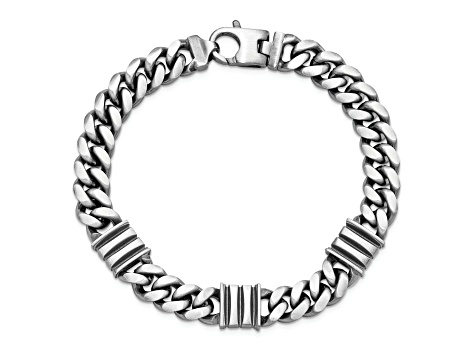 Sterling Silver Mens Antiqued Brushed Curb Bar Bracelet