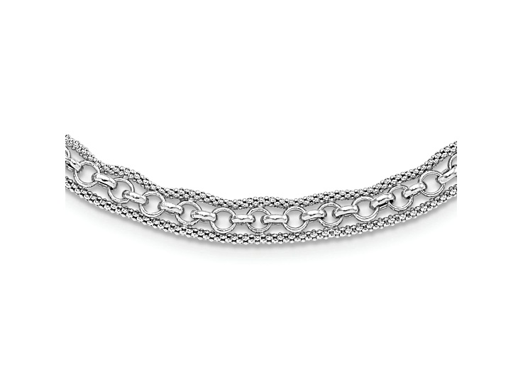 Rhodium Over Sterling Silver Polished Textured and Brushed Fancy Link 18 Inch Necklace