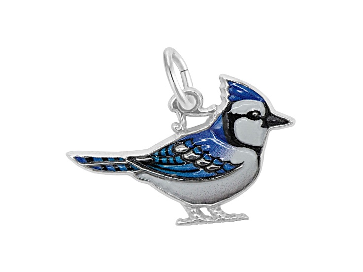 Rhodium Over Sterling Silver Blue Jay - Painted Measures Approx 14.83mm x 22.75mm