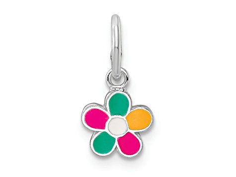 Rhodium Over Sterling Silver Multi-color Enameled Flower Children's Pendant