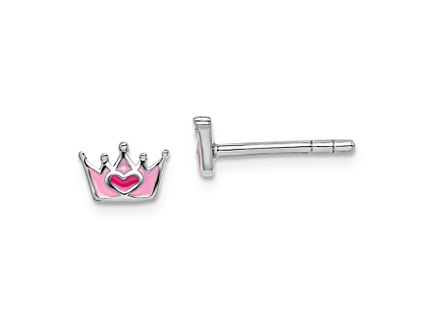 Rhodium Over Sterling Silver Enamel Pink Crown Children's Post Earrings