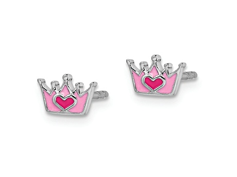 Rhodium Over Sterling Silver Enamel Pink Crown Children's Post Earrings