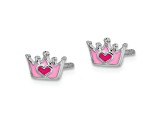 Rhodium Over Sterling Silver Enamel Pink Crown Children's Post Earrings