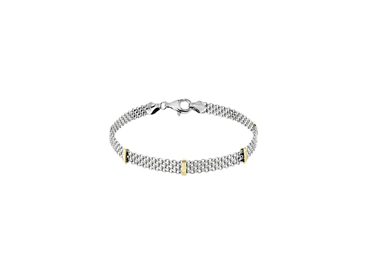 Sterling Silver and 14K Yellow Gold Over Sterling Silver Two Tone Bismark Chain Bar Link Bracelet