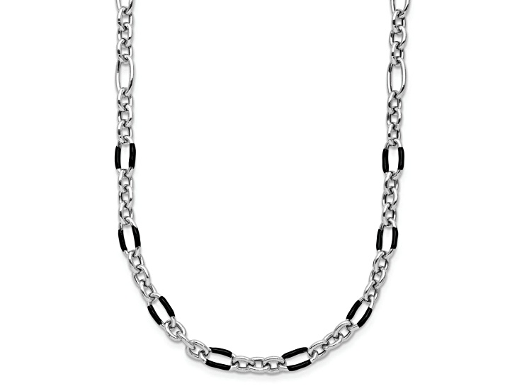 Rhodium Over Sterling Silver with Black Enamel Link Fancy 16 Inch Necklace