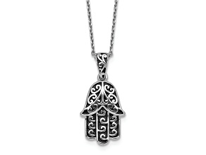 Rhodium Over Sterling Silver Polished and Oxidized Filigree Hamsa 18-inch Necklace