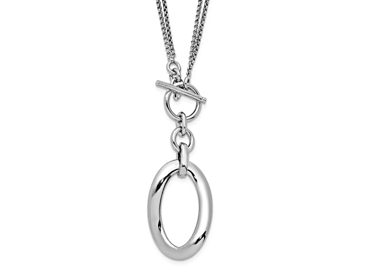 Rhodium Over Sterling Silver Polished Fancy Oval Drop 2-Strand 17 Inch Necklace