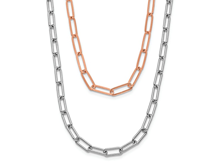 18K Two-tone Gold Over Sterling Silver Fancy Link Two Strand 16.75 Inch Necklace