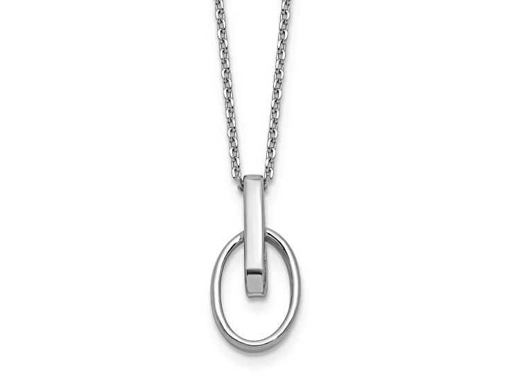Rhodium Over Sterling Silver Polished Oval Pendant with Cable 16 Inch Chain