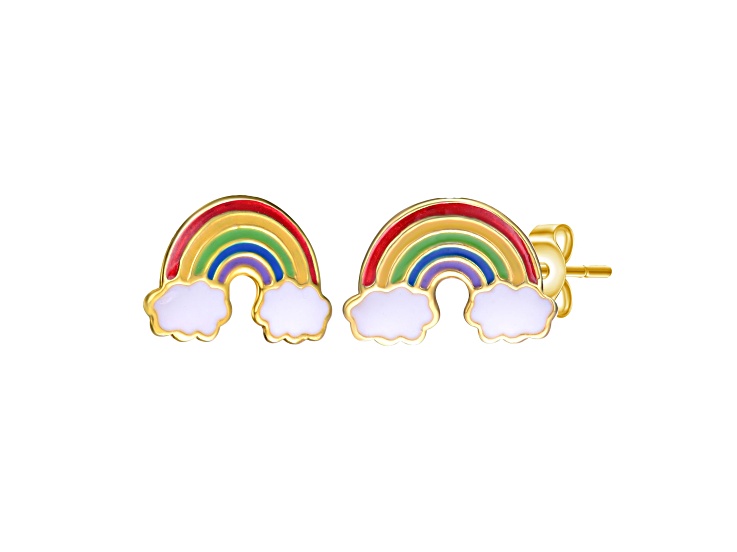 14K Gold Plated over Sterling Silver with Colorful Rainbow Enamel Cloud Stud Earrings for Kids