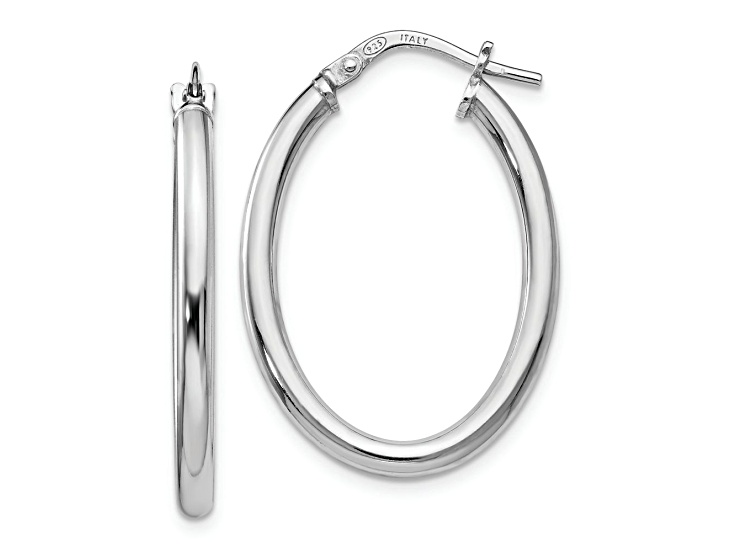 Rhodium Over Sterling Silver 1 1/16" Polished Oval Hinged Hoop Earrings