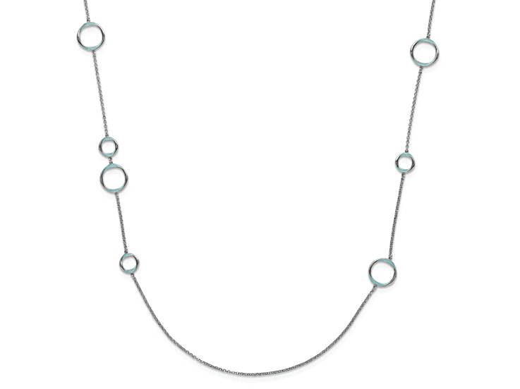 Rhodium Over Sterling Silver Aqua Enameled Circle Station Rolo Link 35 Inch Necklace