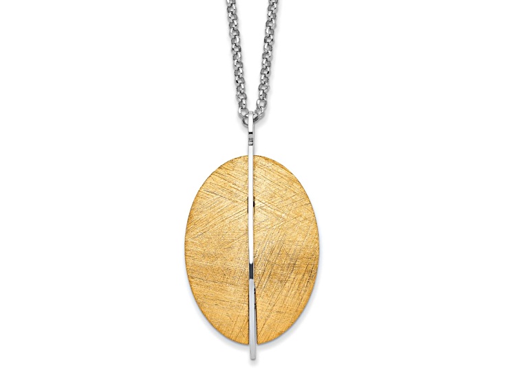 22K Yellow Gold Over Sterling Silver Brushed Oval Pendant with 16.5 Inch Rolo Chain