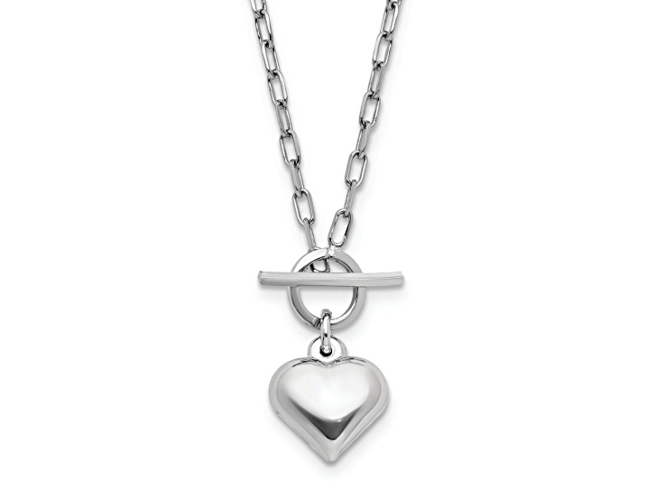 Rhodium Over Sterling Silver Polished Heart Pendant Fancy Link 16 Inch Necklace