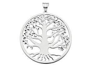 Rhodium Over Sterling Silver Polished and Diamond-Cut Tree of Life Pendant
