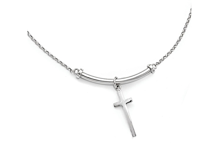 Rhodium Over Sterling Silver Polished Cross Pendant with Cable Link 17 Inch Necklace