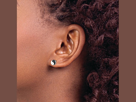 Rhodium Over Sterling Silver Enamel Yin Yang Children's Post Earrings