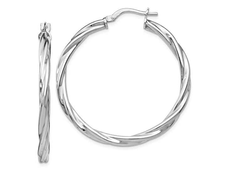 Rhodium Over Sterling Silver 1 7/16" Polished Twisted Hinged Hoop Earrings