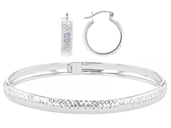 Picture of Sterling Silver Double Diamond-Cut Bangle & Hoop Earring Set