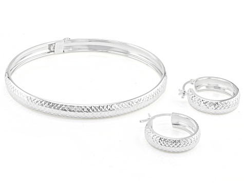 Sterling Silver Double Diamond-Cut Bangle & Hoop Earring Set
