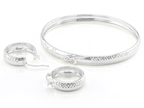 Sterling Silver Double Diamond-Cut Bangle & Hoop Earring Set