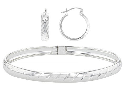 Sterling Silver Diamond-Cut Bangle & Hoop Earring Set