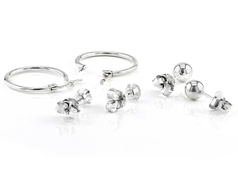 Sterling Silver White Cubic Zirconia Stud, Ball Stud, & Hoop Earring Set of 3