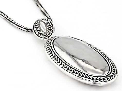 Sterling Silver Oxidized Hammered Oval Pendant Wheat Link 18 Inch Necklace