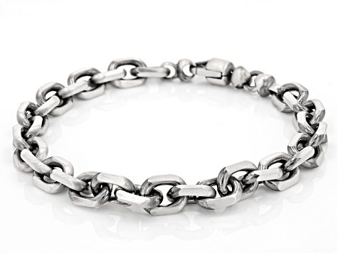 Sterling Silver Oxidized 8mm Square Diamond-Cut Rolo Link Bracelet