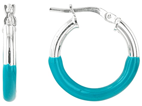 Sterling Silver Turquoise Color Enamel 3/4" Hoop Earrings