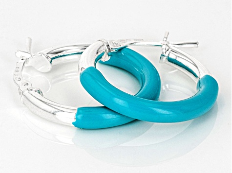 Sterling Silver Turquoise Color Enamel 3/4" Hoop Earrings