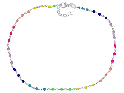 Sterling Silver Multi-Color Enamel Diamond-Cut Rolo Link Anklet