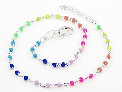 Sterling Silver Multi-Color Enamel Diamond-Cut Rolo Link Anklet