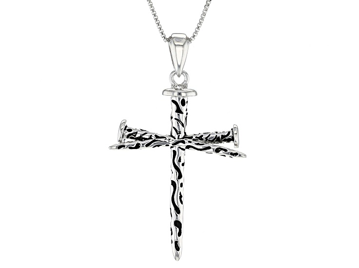 Rhodium Over Sterling Silver Oxidized Nail Cross Pendant With 20
