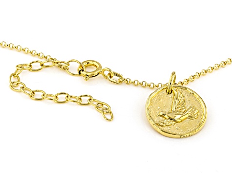 18k Yellow Gold Over Sterling Silver Reversible Bird & Peace Pendant With 18 Inch Rolo Chain