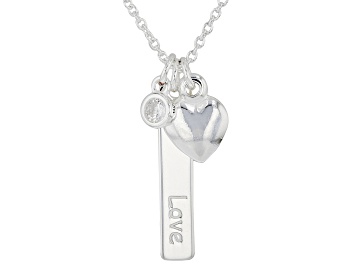 Picture of Sterling Silver With White Cubic Zirconia Love Bar & Heart Pendant 18 Inch Cable Link Necklace