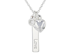 Sterling Silver With White Cubic Zirconia Love Bar & Heart Pendant 18 Inch Cable Link Necklace