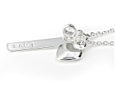 Sterling Silver With White Cubic Zirconia Love Bar & Heart Pendant 18 Inch Cable Link Necklace