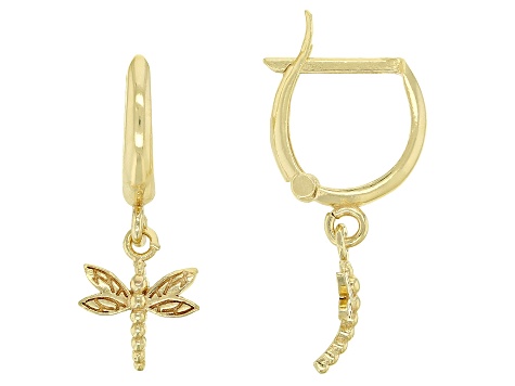 18k Yellow Gold Over Sterling Silver Dragonfly Dangling Huggie Hoop Earrings
